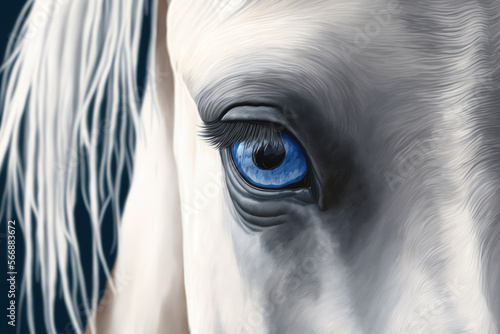 White horse portrait detail closeup with one blue eye. Generative AI © 2rogan