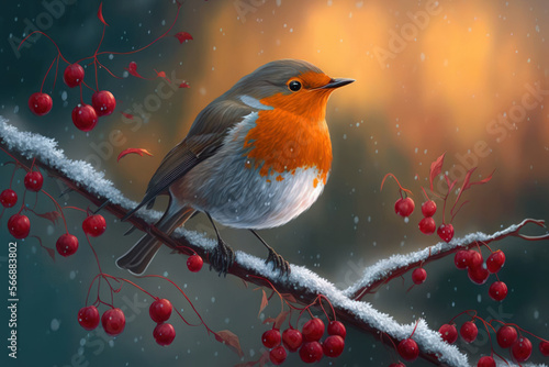 When Storm Arwen hit the UK in November  Robin Redbreast was there. Right facing red berries on a branch of a tree covered in snow. The name Erithacus rubecula is scientific. Room for copy. Generative
