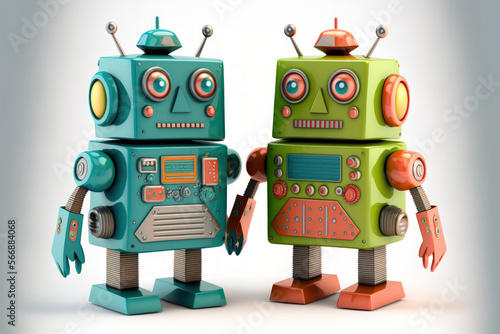 Vintage retro tin toy robot couple concept isolated on a white background. Generative AI