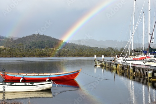 Εκτύπωση καμβά Pier with rainbow and yachts near the Wooden Boat Centre at Franklin, Cygnet, Tasmania
