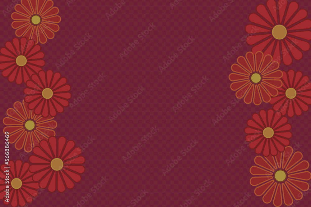 Checkered red background with big flowers on both sides, vector illustration. Checkered red background with big flowers on both sides, vector illustration.