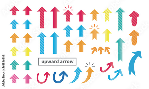 Set of striped arrow symbols with various colors. Vector illustration isolated on white background.