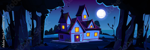 Night landscape with forest and village house. Nature scene with countryside cottage, garden with trees and bushes, sandy road under full moon light, vector cartoon illustration