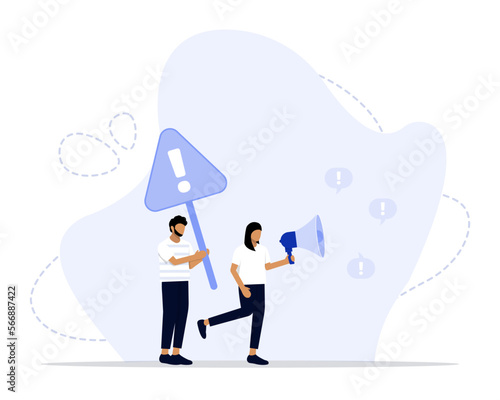 Important announcement, attention or warning information, breaking news or urgent message communication, alert and beware concept, business people announce on megaphone with attention 
exclamation sig