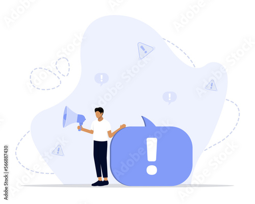 Important announcement, attention or warning information, breaking news or urgent message communication, alert and beware concept, business people announce on megaphone with attention 
exclamation sig