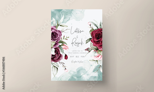 vintage wedding invitation card set with maroon roses watercolor