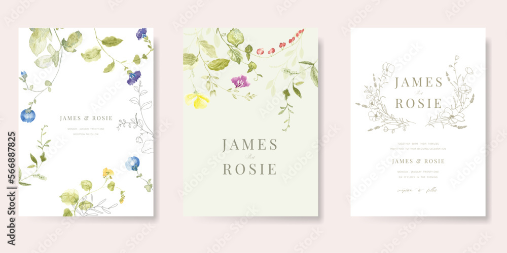 Spring and Summer Flower watercolor Wedding Invitation set, floral invite thank you, rsvp modern card Design  leaf greenery branches with blue background decorative Vector elegant rustic template