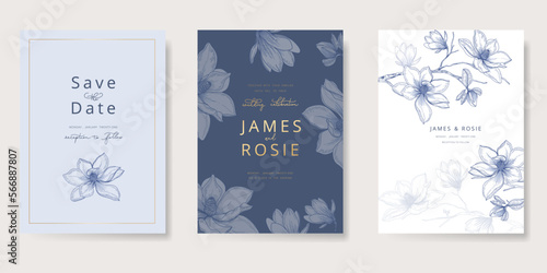 Navy Blue Luxury Wedding Invitation, floral invite thank you, rsvp modern card Design in gold flower with  leaf greenery  branches decorative Vector elegant rustic template