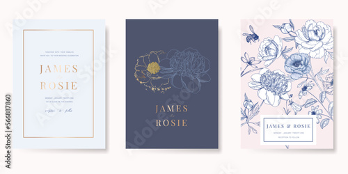 Navy Blue Luxury Wedding Invitation, floral invite thank you, rsvp modern card Design in gold flower with  leaf greenery  branches decorative Vector elegant rustic template