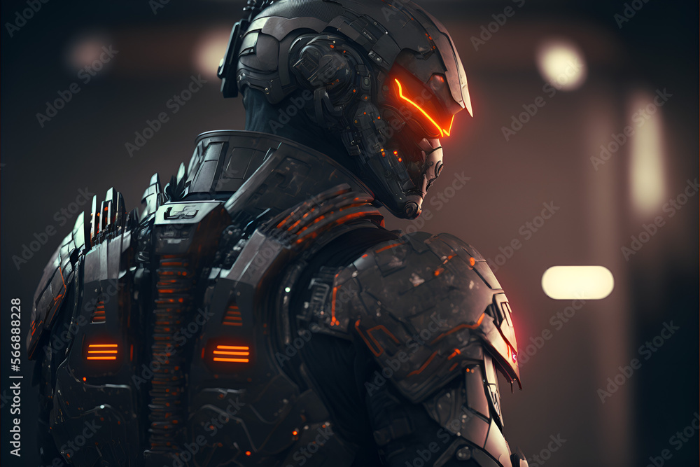 Sci-fi Future soldier, future space marine power realistic illustration. Generative AI