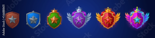 Game ranking badges with shields with star. Level achievement icons with wooden, metal, bronze, silver and gold award medals isolated on background, vector cartoon illustration