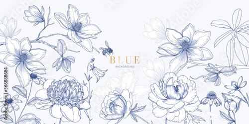 Luxury Navy blue flower background vector decorate wall art