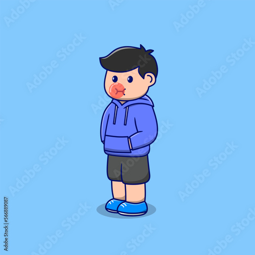 A boy blowing a bubble gum 