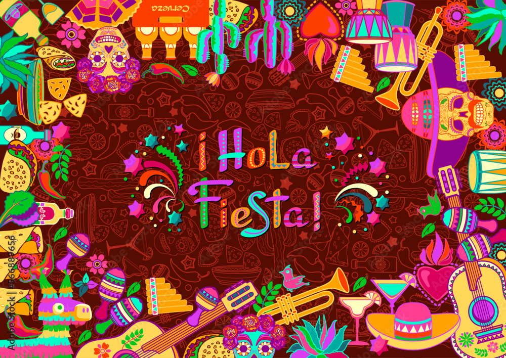 Hola Fiesta, decorated logo, cartoon letters, and symbols. Vector illustration.