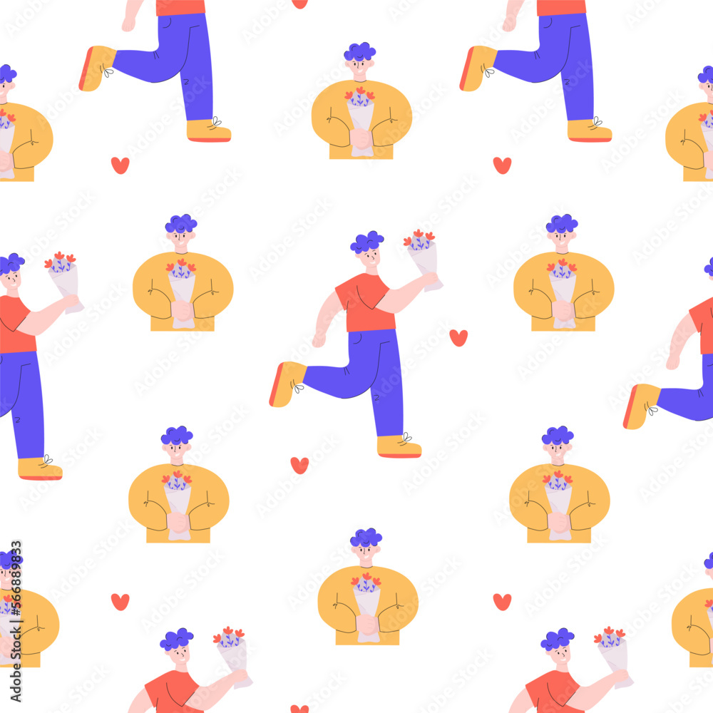 Cute pattern of man with bouquet of flowers Cute pattern of man with bouquet of flowers