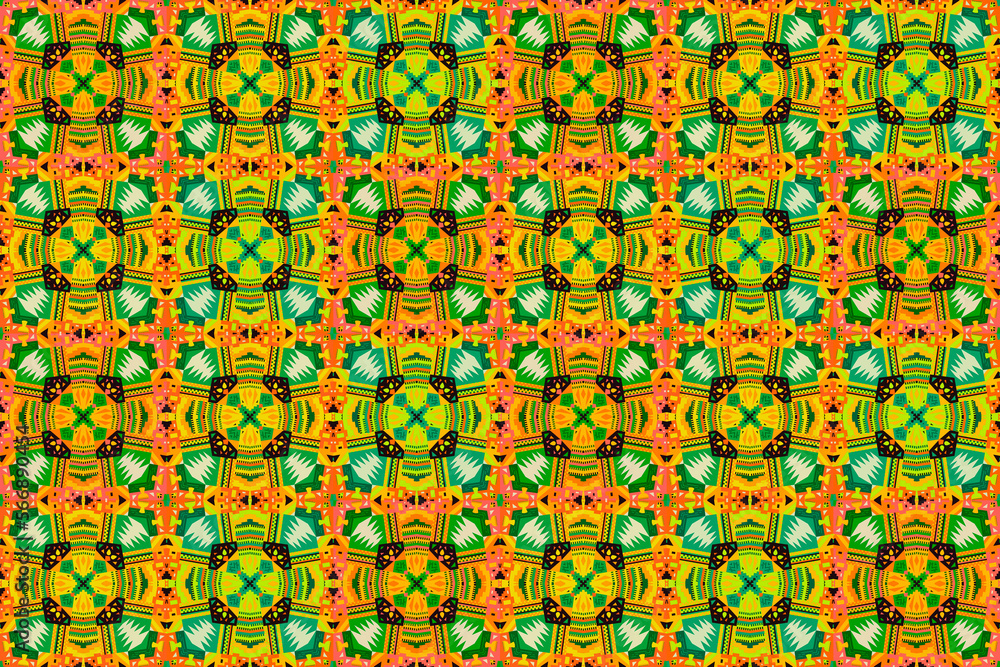 Colorful and seamless African pattern. Green, orange and golden yellow colors. High définition (HD format). Illustration