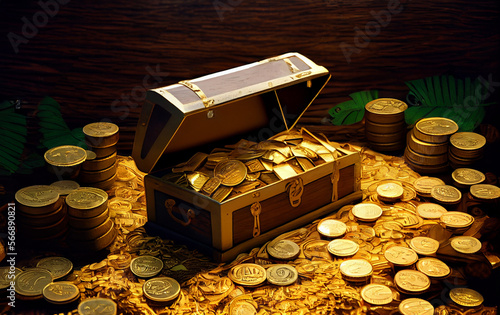 Open reasure chest filled with gold coins. photo