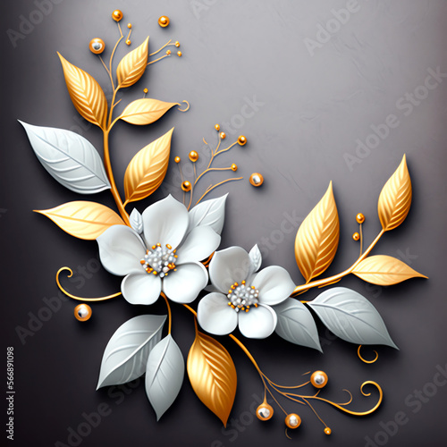 3d wallpaper white flowers with golden leaves and golden beads on a silver gray background