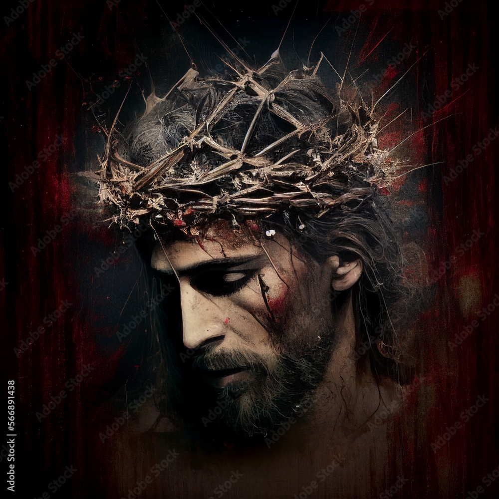 Jesus Christ wearing a crown of thorns in oil painting style ...