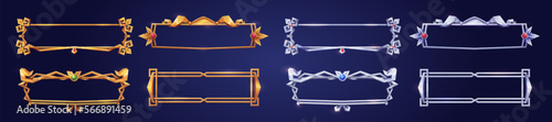 Empty rectangle frames in medieval style for game ui design. Vector cartoon set of user interface elements with golden and silver ornate flourish border, decorated with gems, isolated on background
