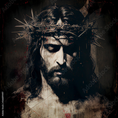Valokuva Jesus Christ wearing a crown of thorns in oil painting style, generative AI