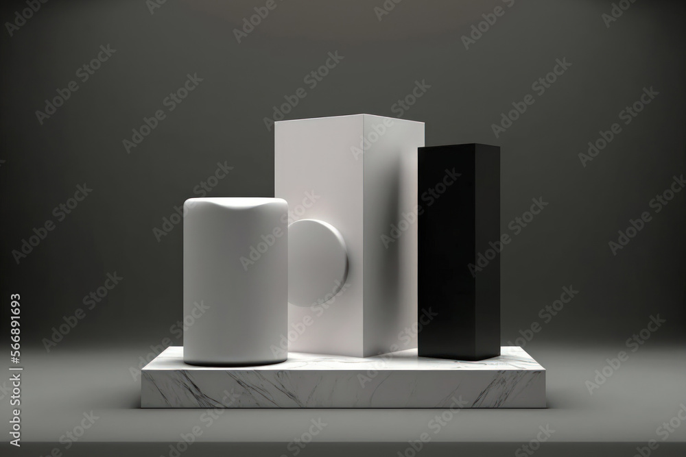 Three cylinder blocks, a white marble pedestal set against a black background, an abstract minimal concept, a blank area, and a luxury minimalist mockup. Generative AI Three cylinder blocks, a white marble pedestal set against a black background, an abstract minimal concept, a blank area, and a luxury minimalist mockup. Generative AI