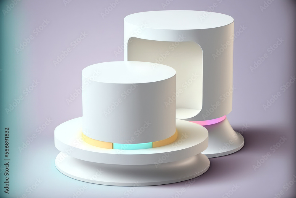 Two large white round pedestal podiums with rounded corners are used to display advertisements for products, cosmetics, cartoon characters, designer clothing, cuisine, beverages, fruits, and technolog Two large white round pedestal podiums with rounded corners are used to display advertisements for products, cosmetics, cartoon characters, designer clothing, cuisine, beverages, fruits, and technolog