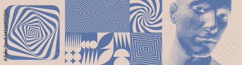 Art composition. Abstract man's head made from dots. Striped background with optical illusion. Rotation and swirling movement. Illustration for brochure, poster, poster, flyer or banner.