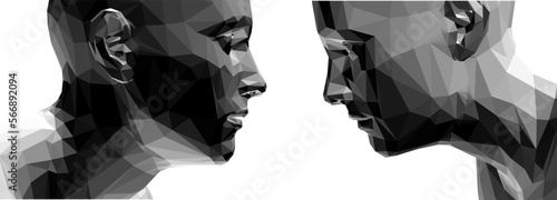 Two opponents facing each other. Conflict. People talk face to face. The concept of rivalry. Abstract digital human head. 3d vector illustration for banner, poster, cover or brochure.