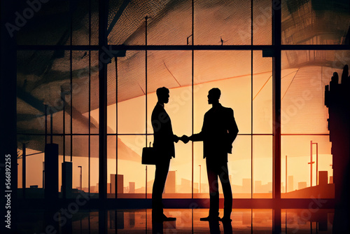 Silhouette of two businessmen shaking hands in office with large windows, generative art
