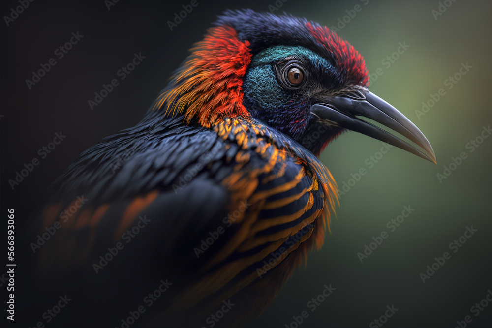 Tropical little bird portrait. Rainforest wildlife bird close up view. Exotic ornithology banner. Tropic colorful paradise bird