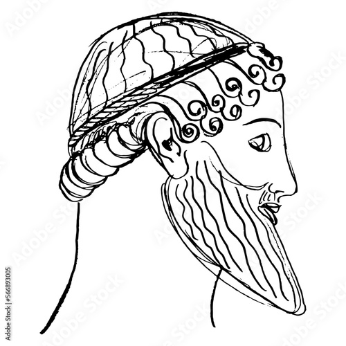 Ancient Greek god Poseidon. Head of a handsome bearded antique man in profile. Male portrait. Hand drawn linear doodle rough sketch. Black silhouette on white background.