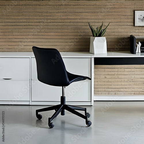 Minimalist office with a white desk and a black office chair1, Generative AI photo