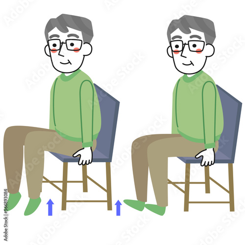 椅子に座ってつま先上げとかかと上げの運動をするシニア男性