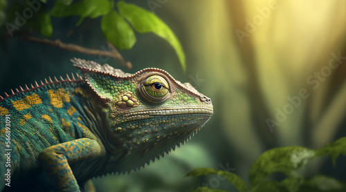 Green chameleon in jungle  horizontal banner. Tropical wildlife wallpaper. Exotic lizard  Madagascar background. Zoo wallpaper