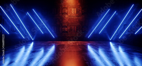 Fototapeta Naklejka Na Ścianę i Meble -  Neon Stage Futuristic Sci Fi Blue Yellow Glowing Lights Concrete Grunge Metal Wall Showroom Underground Bunker Hallway Tunnel 3D Rendering