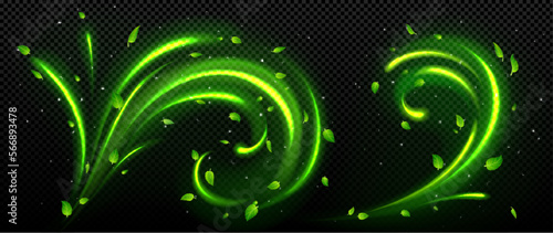 Set of abstract fresh air swirls with green leaves and sparkles isolated on transparent background. Vector realistic illustration of wind vortex with flying mint, tea foliage. Freshness design element