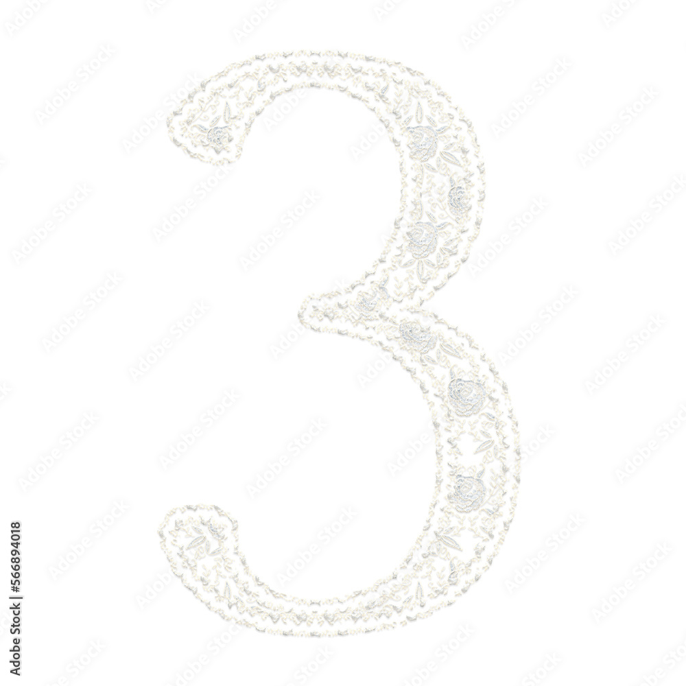Beautiful floral lace numbers from 0 to 9, off white color, isolated with transparent background. This is a part of an alphabet set with uppercase and lowercase letters.  