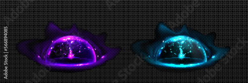 Realistic set of defense energy shields png isolated on transparent background. Vector illustration of purple, turquise neon glowing hemispheres with lightning strike effect. Magic protection bubble