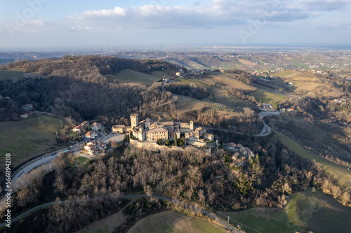 drone aerial view of Vigoleno Castle , fortress village and hills, scenic panorama in Parma, Emilia Romagna , Italy. photo