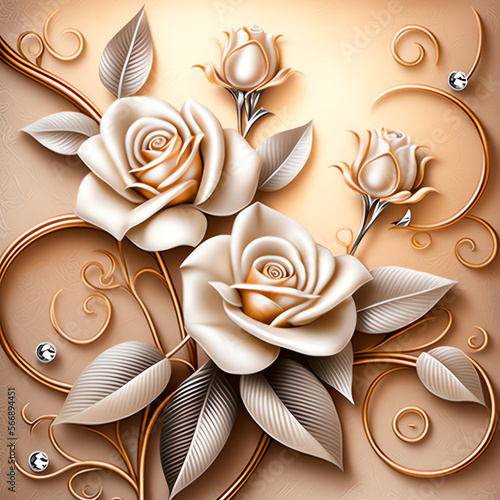 3d golden roses with buds on a golden background