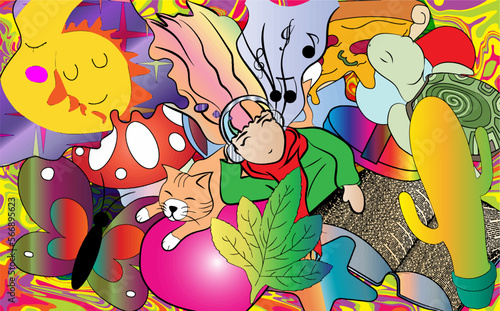 a girl dreams of a surreal world out of inner mind, psychedelia, psychedelic art