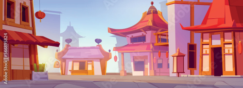 China city street with asian town buildings with lanterns and red roofs. Chinatown landscape with road, traditional houses and shops, vector cartoon illustration
