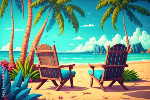 unusual beach. chairs along the sandy shore of the ocean. Concept for a summer vacation and holiday in tourism. Beautiful tropical scenery. peaceful environment, leisurely beach, and tropical landscap