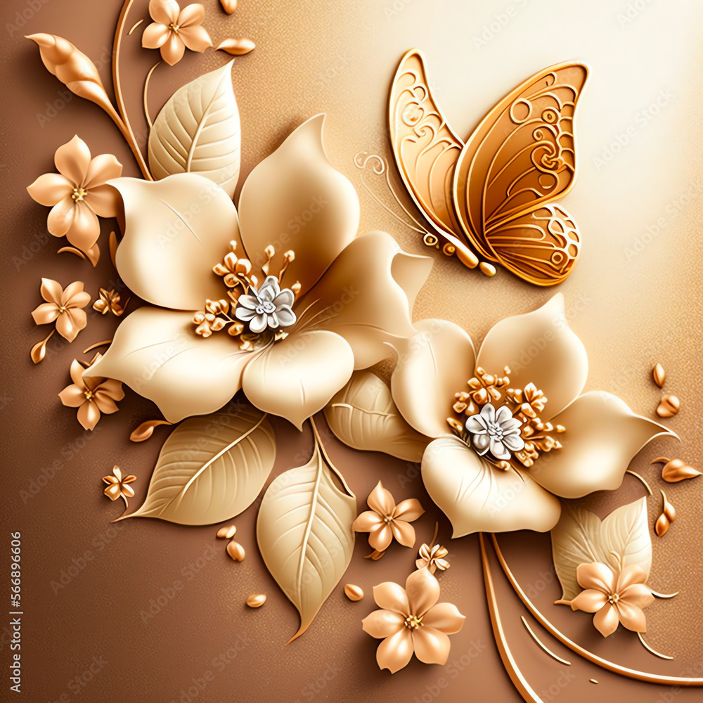 Obraz na plátně 3d golden flowers, butterfly, and beads on a golden background