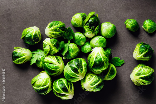 fresh healthy green Brussels sprouts lie on a dark table, generative AI