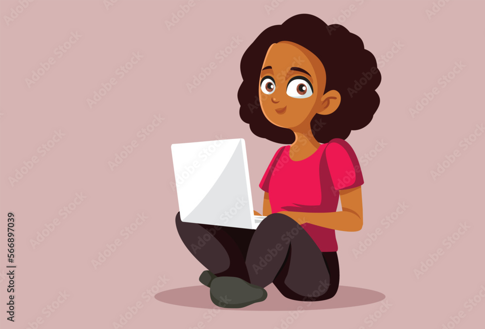 Cheerful Teenage Girl Checking her Laptop Vector Cartoon. Happy student typing and browsing doing her homework
Cheerful Teenage Girl Checking her Laptop Vector Cartoon. Happy student typing and browsing doing her homework