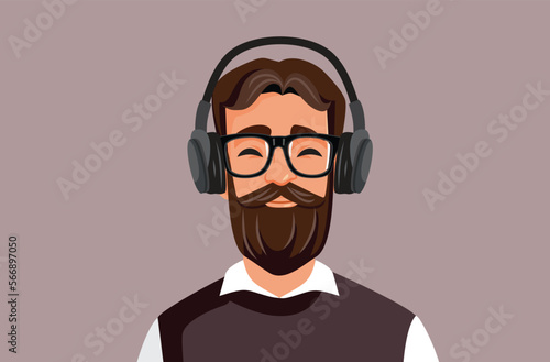 Serious Man Listening to an Educational Podcast Vector Illustration. Happy Professor wearing a headset to listen to an audio book
