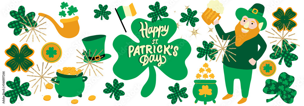 St Patrick's day, holiday. elf with pot of coins beer clover yarrow. Green and gold illustration. St Patrick's day, holiday. elf with pot of coins beer clover yarrow. Green and gold illustration.