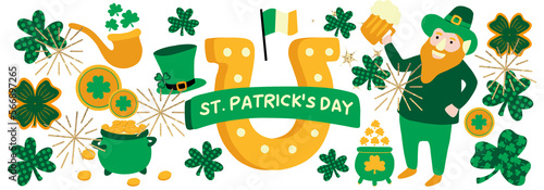 St. Patrick day, Holiday illustration with gnomes, money, green elements.